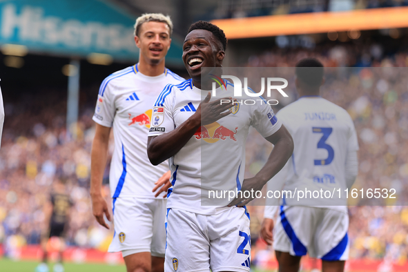 Wilfried Gnonto (Leeds United) scores his team's first goal during the Sky Bet Championship match between Leeds United and Coventry City at...