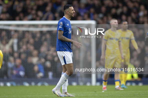 Dwight McNeil #7 of Everton F.C. celebrates his goal during the Premier League match between Everton and Crystal Palace at Goodison Park in...