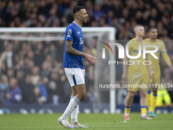 Dwight McNeil #7 of Everton F.C. celebrates his goal during the Premier League match between Everton and Crystal Palace at Goodison Park in...