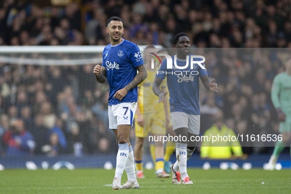 Dwight McNeil #7 of Everton F.C. celebrates his goal during the Premier League match between Everton and Crystal Palace at Goodison Park in...