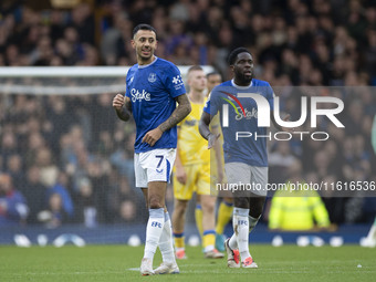 Dwight McNeil #7 of Everton F.C. celebrates his goal during the Premier League match between Everton and Crystal Palace at Goodison Park in...