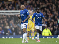 Dwight McNeil #7 of Everton F.C. celebrates his goal during the Premier League match between Everton and Crystal Palace at Goodison Park in...