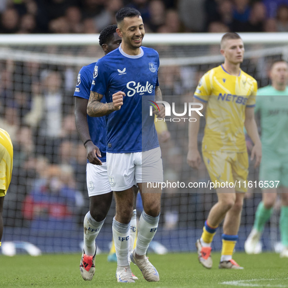 Dwight McNeil #7 of Everton F.C. celebrates his goal during the Premier League match between Everton and Crystal Palace at Goodison Park in...