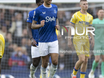 Dwight McNeil #7 of Everton F.C. celebrates his goal during the Premier League match between Everton and Crystal Palace at Goodison Park in...