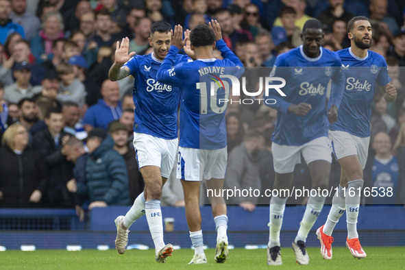 Dwight McNeil #7 of Everton F.C. celebrates his goal during the Premier League match between Everton and Crystal Palace at Goodison Park in...