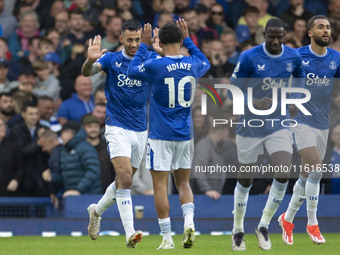 Dwight McNeil #7 of Everton F.C. celebrates his goal during the Premier League match between Everton and Crystal Palace at Goodison Park in...