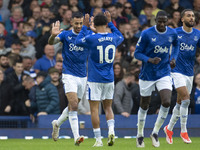 Dwight McNeil #7 of Everton F.C. celebrates his goal during the Premier League match between Everton and Crystal Palace at Goodison Park in...