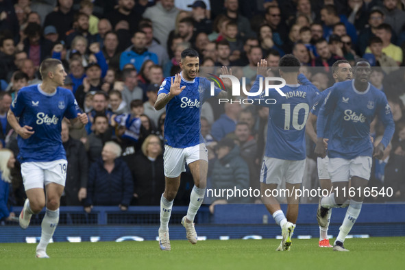 Dwight McNeil #7 of Everton F.C. celebrates his goal during the Premier League match between Everton and Crystal Palace at Goodison Park in...