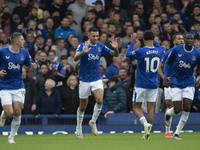 Dwight McNeil #7 of Everton F.C. celebrates his goal during the Premier League match between Everton and Crystal Palace at Goodison Park in...