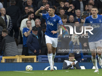 Dwight McNeil #7 of Everton F.C. celebrates his goal during the Premier League match between Everton and Crystal Palace at Goodison Park in...