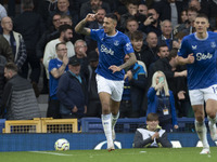 Dwight McNeil #7 of Everton F.C. celebrates his goal during the Premier League match between Everton and Crystal Palace at Goodison Park in...