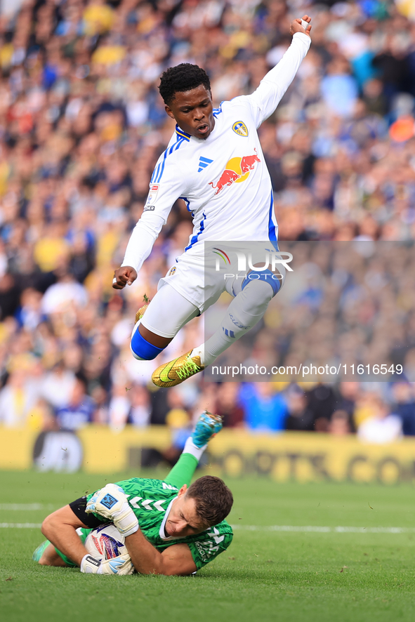 Largie Ramazani (Leeds United) is denied by Ben Wilson (Coventry City) during the Sky Bet Championship match between Leeds United and Covent...