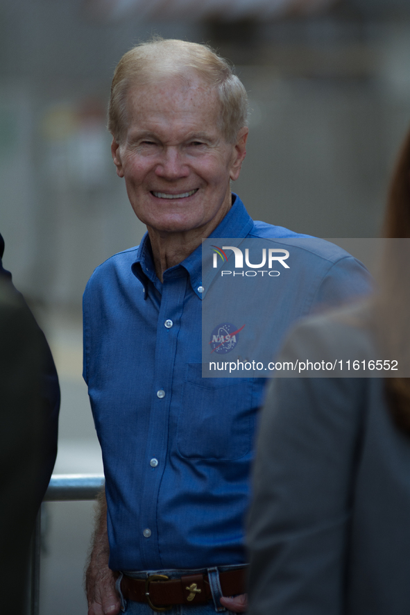 Astronaut, US Senator, and NASA Director Bill Nelson talks with astronaut Nick Hague's family during the Crew 9 walkout, in Kennedy Space Ce...