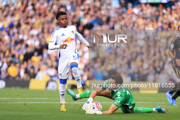 Largie Ramazani (Leeds United) is denied by Ben Wilson (Coventry City) during the Sky Bet Championship match between Leeds United and Covent...