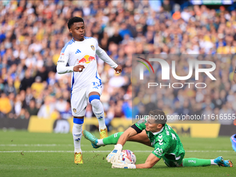 Largie Ramazani (Leeds United) is denied by Ben Wilson (Coventry City) during the Sky Bet Championship match between Leeds United and Covent...