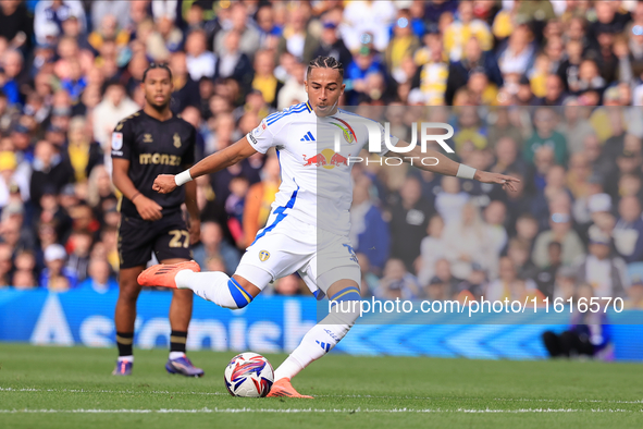 Mateo Joseph (Leeds United) shoots from a distance during the Sky Bet Championship match between Leeds United and Coventry City at Elland Ro...