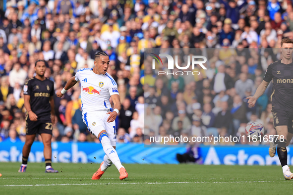 Mateo Joseph (Leeds United) shoots from a distance during the Sky Bet Championship match between Leeds United and Coventry City at Elland Ro...