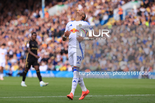 Mateo Joseph (Leeds United) looks disappointed with his shot during the Sky Bet Championship match between Leeds United and Coventry City at...