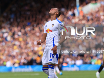 Mateo Joseph (Leeds United) looks disappointed with his shot during the Sky Bet Championship match between Leeds United and Coventry City at...