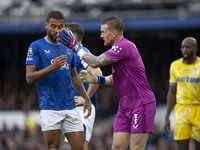 Jordan Pickford #1 (GK) of Everton F.C. and Dominic Calvert-Lewin #9 of Everton F.C. during the Premier League match between Everton and Cry...