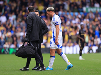 Ethan Ampadu (Leeds United) goes off injured after a challenge with Ben Sheaf (Coventry City) during the Sky Bet Championship match between...