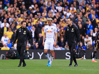 Ethan Ampadu (Leeds United) goes off injured after a challenge with Ben Sheaf (Coventry City) during the Sky Bet Championship match between...