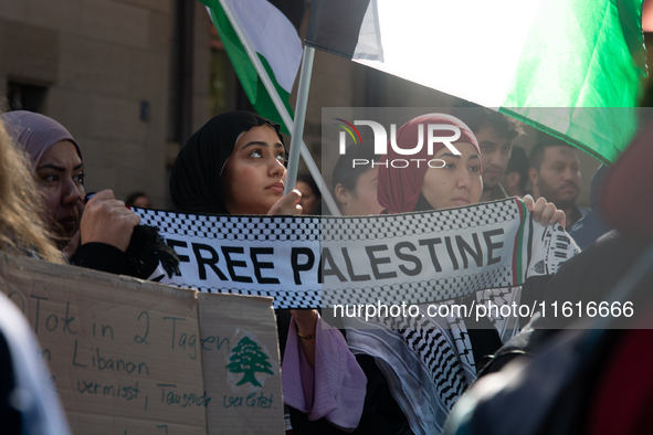 About a hundred pro-Palestinian protesters gather in Bonn, Germany, on September 28, 2024, and protest against Israel's attack in Lebanon, d...