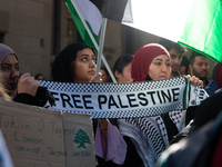 About a hundred pro-Palestinian protesters gather in Bonn, Germany, on September 28, 2024, and protest against Israel's attack in Lebanon, d...