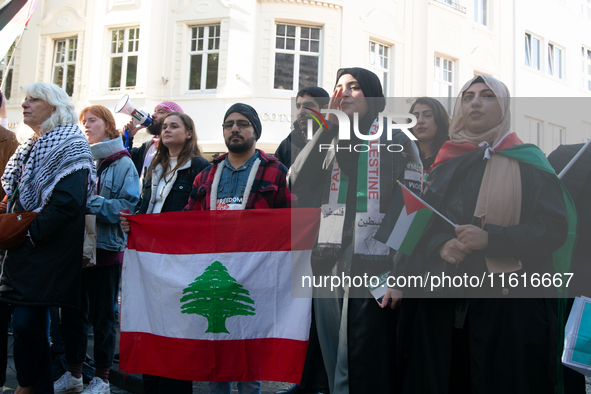 About a hundred pro-Palestinian protesters gather in Bonn, Germany, on September 28, 2024, and protest against Israel's attack in Lebanon, d...