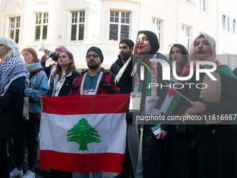 About a hundred pro-Palestinian protesters gather in Bonn, Germany, on September 28, 2024, and protest against Israel's attack in Lebanon, d...