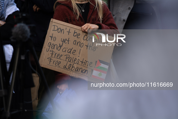 About a hundred pro-Palestinian protesters gather in Bonn, Germany, on September 28, 2024, and protest against Israel's attack in Lebanon, d...