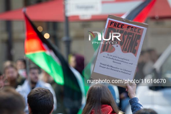 About a hundred pro-Palestinian protesters gather in Bonn, Germany, on September 28, 2024, and protest against Israel's attack in Lebanon, d...