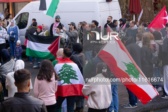 About a hundred pro-Palestinian protesters gather in Bonn, Germany, on September 28, 2024, and protest against Israel's attack in Lebanon, d...