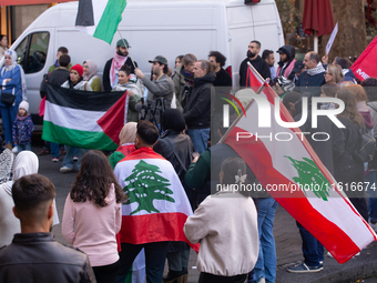 About a hundred pro-Palestinian protesters gather in Bonn, Germany, on September 28, 2024, and protest against Israel's attack in Lebanon, d...