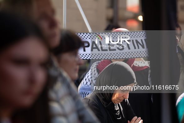 About a hundred pro-Palestinian protesters gather in Bonn, Germany, on September 28, 2024, and protest against Israel's attack in Lebanon, d...