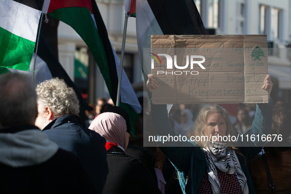 About a hundred pro-Palestinian protesters gather in Bonn, Germany, on September 28, 2024, and protest against Israel's attack in Lebanon, d...