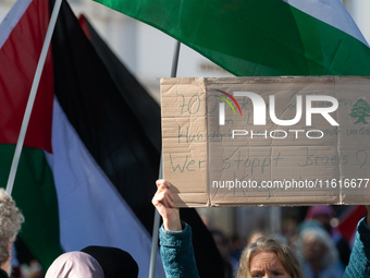 About a hundred pro-Palestinian protesters gather in Bonn, Germany, on September 28, 2024, and protest against Israel's attack in Lebanon, d...