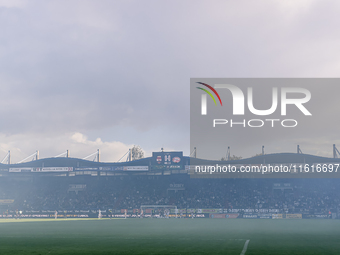 Stadium overview with smoke during the match Willem II vs. PSV at the Koning Willem II stadium in Tilburg, Netherlands, on September 28, 202...