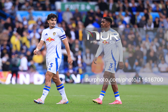 Pascal Struijk (Leeds United) talks to Junior Firpo (Leeds United) during the Sky Bet Championship match between Leeds United and Coventry C...