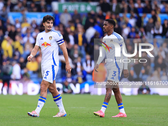 Pascal Struijk (Leeds United) talks to Junior Firpo (Leeds United) during the Sky Bet Championship match between Leeds United and Coventry C...