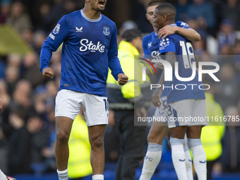 Iliman Ndiaye #10 of Everton F.C. celebrates the win during the Premier League match between Everton and Crystal Palace at Goodison Park in...