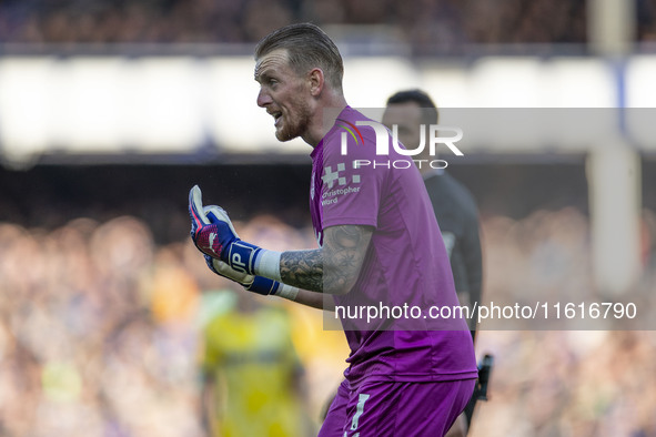 Jordan Pickford #1 (GK) of Everton F.C. gesticulates during the Premier League match between Everton and Crystal Palace at Goodison Park in...