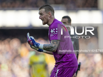 Jordan Pickford #1 (GK) of Everton F.C. gesticulates during the Premier League match between Everton and Crystal Palace at Goodison Park in...