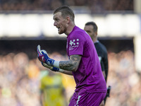 Jordan Pickford #1 (GK) of Everton F.C. gesticulates during the Premier League match between Everton and Crystal Palace at Goodison Park in...