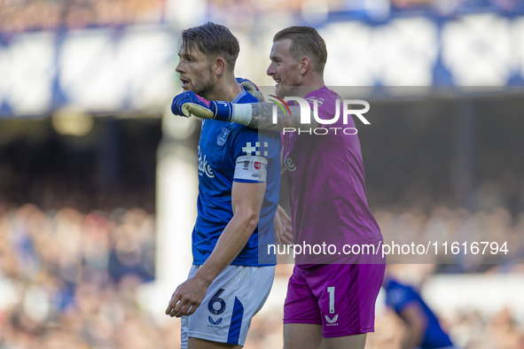 Jordan Pickford #1 (GK) of Everton F.C. celebrates at full time during the Premier League match between Everton and Crystal Palace at Goodis...