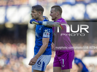 Jordan Pickford #1 (GK) of Everton F.C. celebrates at full time during the Premier League match between Everton and Crystal Palace at Goodis...