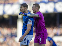 Jordan Pickford #1 (GK) of Everton F.C. celebrates at full time during the Premier League match between Everton and Crystal Palace at Goodis...