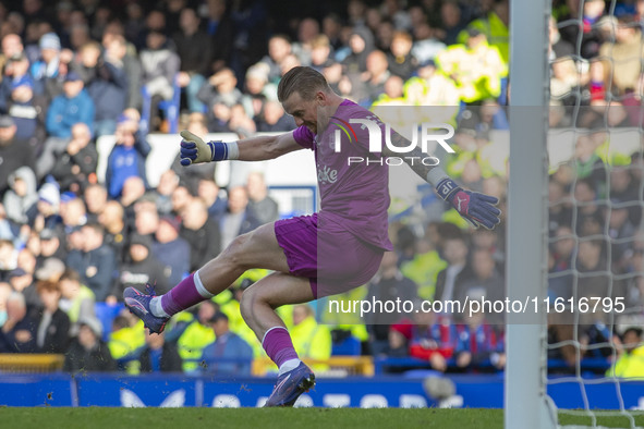 Jordan Pickford #1 (GK) of Everton F.C. during the Premier League match between Everton and Crystal Palace at Goodison Park in Liverpool, En...