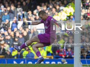 Jordan Pickford #1 (GK) of Everton F.C. during the Premier League match between Everton and Crystal Palace at Goodison Park in Liverpool, En...