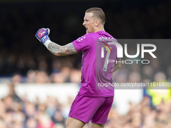 Jordan Pickford #1 (GK) of Everton F.C. celebrates at full time during the Premier League match between Everton and Crystal Palace at Goodis...